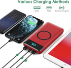 Wireless Portable Charger 30,800mAh 15W Wireless Charging 25W PD QC4.0 Fast Charging Smart LED Display USB-C Power Bank,4 Output& 2 Input External Battery Pack Compatible with iPhone,Samsung etc-Red