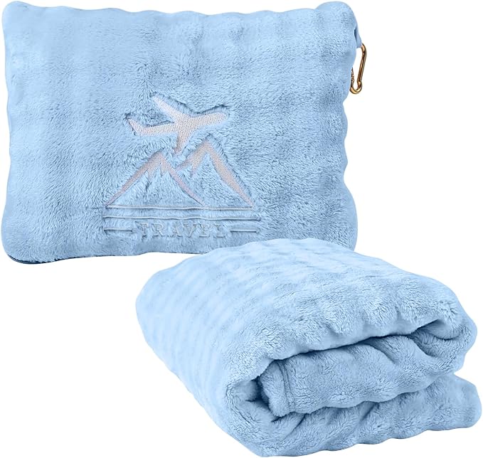 Travel Blanket and Pillow-2-in-1, Ultra-Soft&Compact, One-Piece Airplane Blanket with Hand Luggage Belt and Backpack Clip,Travelers Accessories Gifts, 61x43 Inches (Blue)