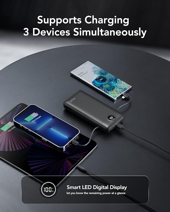 VRURC Portable Charger 20000mAh, Fast Charging Power Bank USB C,4 Output 2 Input Travel Essentials Charging Bank Equipped with LED Display,Built-in Wall Plug and Cables,Phone Charger Battery,Black