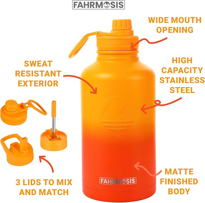 64 Oz Water Bottle with Straw Stainless Steel Sports Water Bottle with 3 Lids (Straw, Chug and Flip Lid) Leak Proof Metal Half Gallon Jug for Men & Women - Orange Fusion