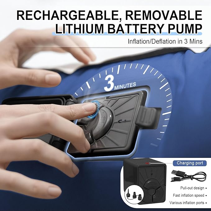 Queen Air Mattress wit with 1300mAh Battery Powered Pump,18"Raised Super soft and comfortable Dutch velvet fabric750lbs Support Portable Inflatable Mattress,Air Bed for Camping, Home and Guest-Blue