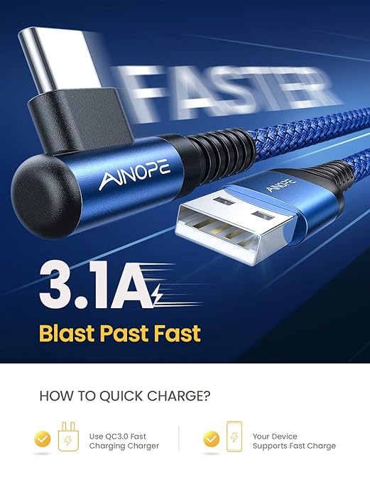 1.6FT USB to USB C Cable, 3.1A C Charger Cable Fast Charging Right Angle, Type C Cable Samsung Resistant Nylon Braided Compatible with Galaxy S22 S21 S10, Note 10 9 A51 LG G8 G7 Charging Cord