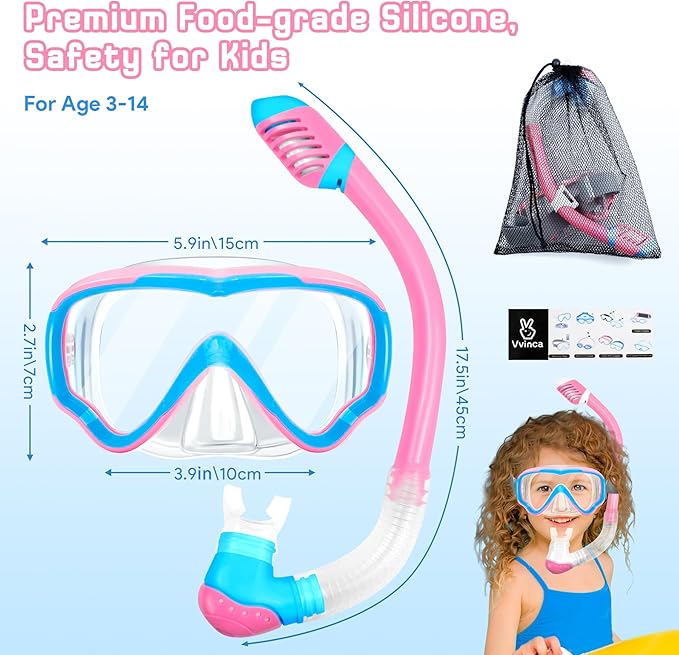 Vvinca Snorkeling Gear for Kids Dry Top Kids Snorkel Set for Boys Girls Junior Youth Children Age 4-14 Swim Goggles with Nose Cover Anti-Fog Panoramic View Adjustable Elastic Diving Mask and Snorkel