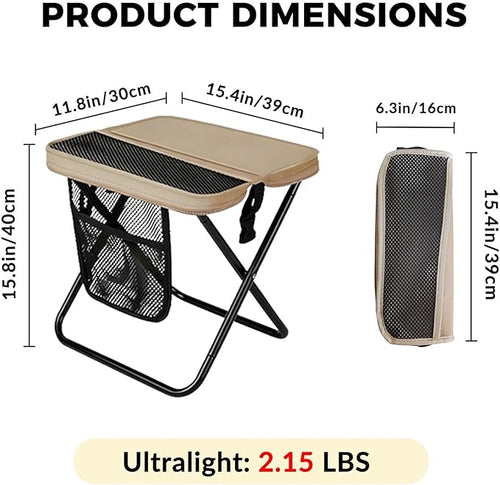 16" Portable Collapsible Stool - Folding Chair with Storage Pouch, Convertible Satchel for Hands-Free Carry & Supports 300Lbs, Ultralight for Hiking, Fishing, Camping, Festivals (Khaki, Large)
