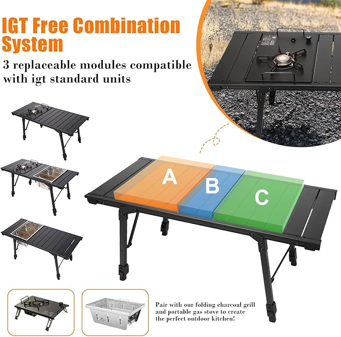 Folding Camping Table, Portable Outdoor IGT Camp Table, Foldable Picnic Table, Outdoor IGT Cook System with Carry Bag, Ultralight Aluminum, Adjustable Height, for Beach, Backyard,BBQ