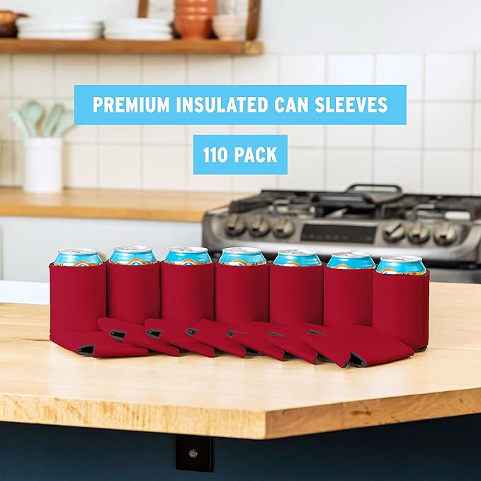 Blank Beer Can Cooler Sleeves (110-Pack) Soft Insulated Beer Can Coolies - HTV Friendly Blank Koolies in Bulk for Beer Cans & Bottles - Coolie Blanks for Vinyl Projects & Wedding Favors (Red)