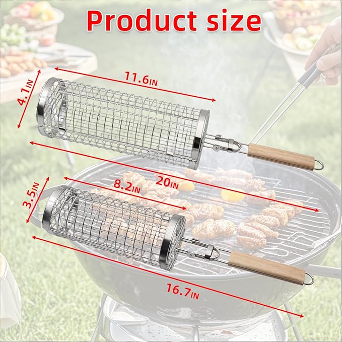 Rolling Grill Basket for Vegetables, Kebabs & Shrimp – 304 Stainless Steel BBQ Accessory with Side-Opening Design, Ideal for Outdoor Cooking & Camping
