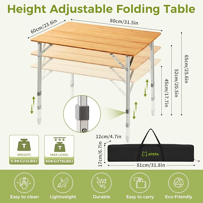 ATEPA Bamboo Folding Table, 32 * 24'' Adjustable Height Folding Camping Table, Eco Friendly l Wooden Folding Table with Aluminum Legs, Carry Bag for Picnic Beach Fishing Outdoor Indoor, 2-4 Person