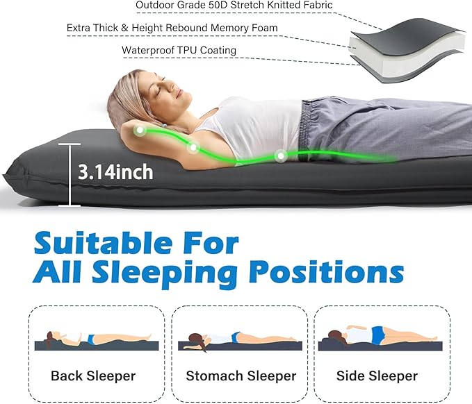 Sleeping Pad for Camping, Self Inflating Camping Pad with Pillow, 3.14" Compact Thick Memory Foam Camping Mattress Pad, Travel Portable Camp Sleeping Mat with Built in Pump