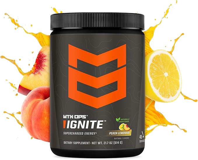 MTN OPS Ignite Energy Drink Powder, Naturally Gluten Free & Sweetened with Monk Fruit, Nitric Oxide Supplement Drink Mix, Caffeine & Nootropic Sugar Free Drink Mix, 45 Servings, Peach Lemonade