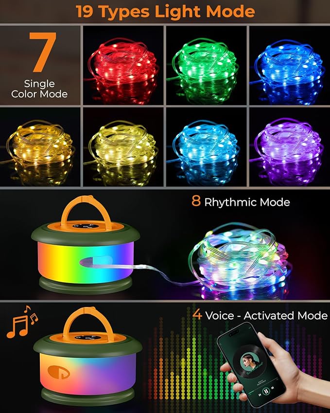 Camping String Lights, Retractable 32.8ft RGB Flash Lamp, Rechargeable LED Fairy Lights Outdoor Waterproof, Portable Hanging Lantern for Outside Tent Patio Awning Garden RV Essentials