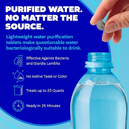 Potable Aqua Water Purification Tablets with PA Plus, Portable and Effective Solution for Camping, Hiking, Emergencies, Natural Disasters and International Travel, Two 50ct Bottles
