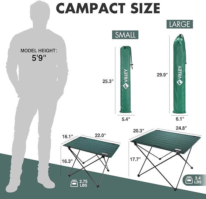 VILLEY Folding Camping Table with Carry Bag, Portable Lightweight Beach Table with Oxford Fabric and Reinforced Aluminum Panel for Outdoor, Camping, Picnic, Backyards, BBQ