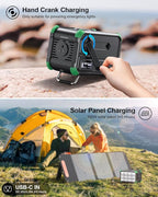 BROWEY Portable Power Station 153Wh Small Solar Generator with Hand Crank 120V 150W AC Outlet Lithium Battery Power Bank, Wireless Charging Emergency Charger for Outdoor Camping Travel Home Backup