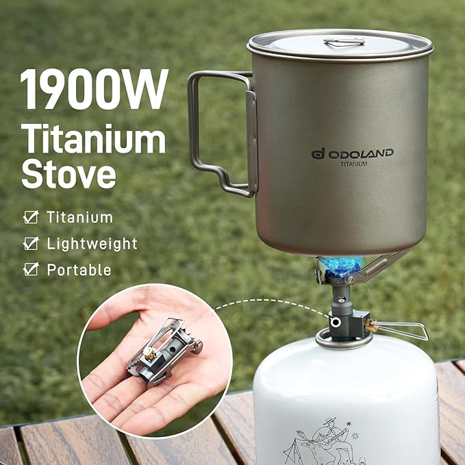 Odoland Titanium Camping Cookware 750ML Titanium Pot with Camping Stove and Spork Portable Pot for Backpacking, Hiking, Traveling and Picnic