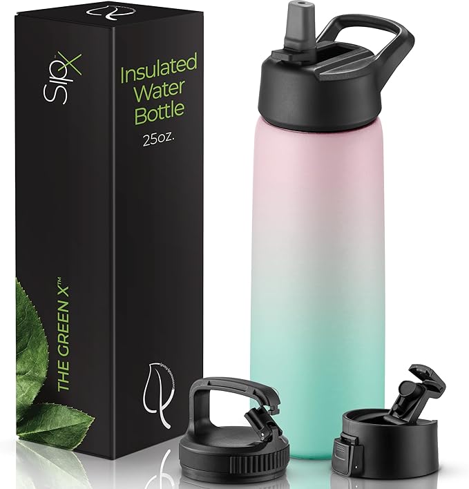 SipX™ Triple-Insulated Stainless Steel Water Bottle 25oz. With 3 Lids, BPA-Free Reusable Insulated Water Bottle Keeps Cold 24 Hours, (Gradiant Mint Pink)