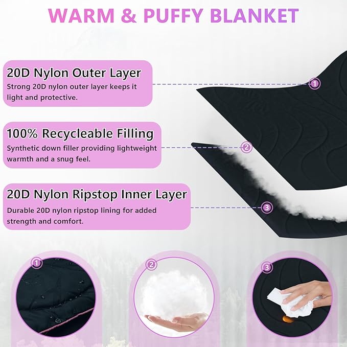 Camping Blanket, Packable Lightweight Down Alternative Puffy Camping Picnic Outdoor Blankets Warm Waterproof Hammock Top Quilt for Sleeping Travel Stadium Hiking Indoor Cold Weather 55"x78.8"
