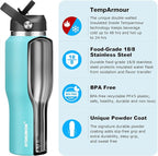 HYDROWION Stainless Steel Water Bottles,Insulated Water Bottle 40 oz (Cold 48 hrs, Hot 24 hrs), Water Tumbler with Leak Proof Straw Lid, Spout Lid and Flex Cap,Double Wall Travel Tumbler Cup, Mint