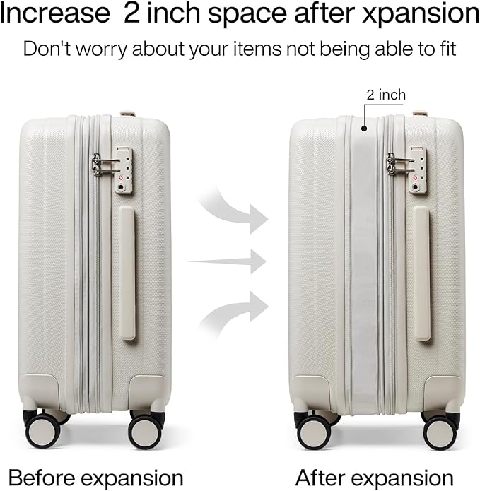 Hanke 24 Inch Expandable Checked Luggage Lightweight PC Hard Case luggage Suitcases with Wheels Travel Luggage Rolling Large Suitcase Travel Luggage Bag for Go To University.(Ivory White)