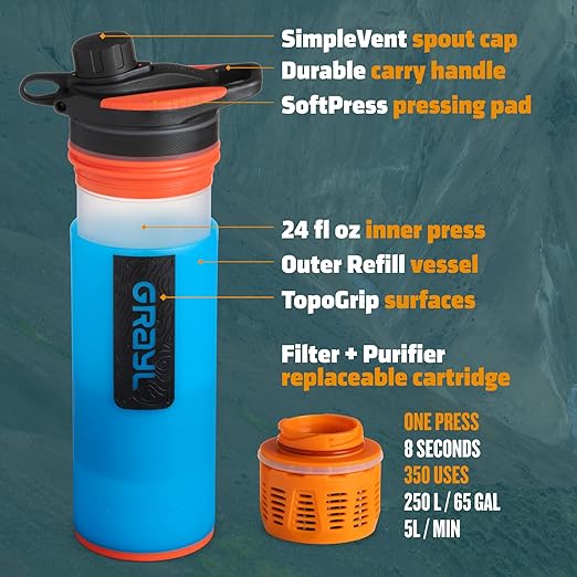 GRAYL GeoPress 24 oz Water Purifier Bottle - Filter for Hiking, Camping, Survival, Travel (Bali Blue)