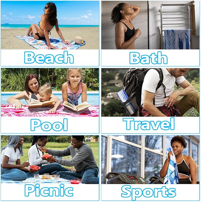 Microfiber Lightweight Thin Beach Towel Sand Free Quick Dry Compact Towels for Swimming Pool Camping Beach Accessories Large Easy Pack Travel Things for Vacation Essentials Gift Adult 32*71 Inch