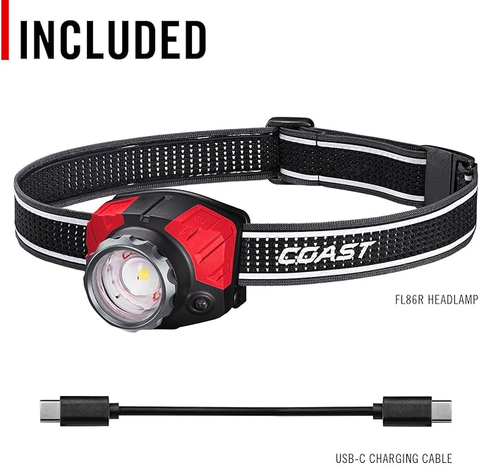 Coast® FL85R 1000 Lumen Tri-Color (White/Red/Green) Focusing Rechargeable LED Headlamp, Built-in Rechargeable Battery