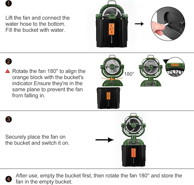 Odoland Portable Camping Fan with LED Light, 30000mAh Rechargeable Battery Operated Oscillating Fan with Remote & Hook, 6L Bucket Misting Fan for Outdoors Patios,Travel,Jobsite, Green