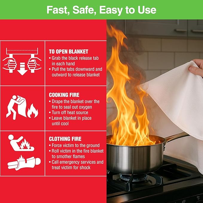 2-Pack Emergency Fire Blanket - ASTM Certified Fire Suppression Blanket for Home, Kitchen, Grill, Camping, Car & More - 40" x 40" Flame Retardant Fabric, No Mess, Easy Deployment