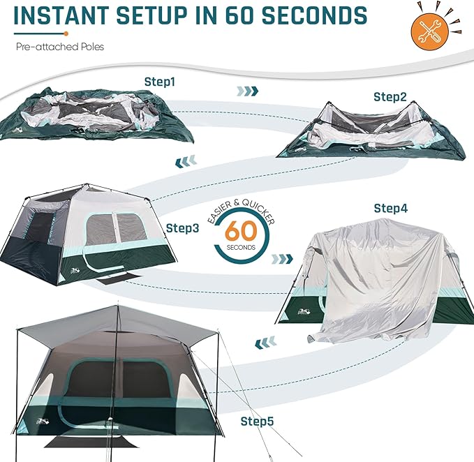 8 Person Instant Cabin Tent, Easy 60 Second Setup Family Tents for Camping, Pop up Camping Tent, Large Waterproof Tents for Outdoor Camping, Spacious Interior, Upgraded Ventilation
