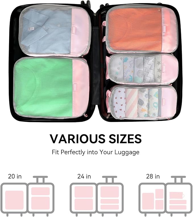 Voova 6 Set Compression Packing Cubes, Travel Accessories Expandable Packing Organizer Bags Set for Carry on Suitcase, Durable Luggage Packing Cubes for Travel Essentials, Pink
