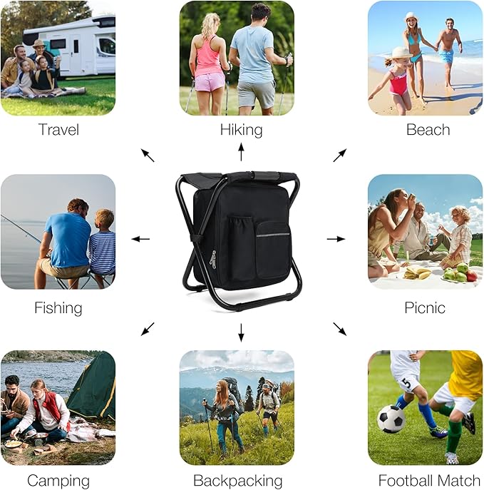 Lightweight Backpack Stool Cooler Chair Heavy Duty 350lbs for Adults, Folding Camp Stool with 15L Insulated Cooler for Fishing, Black