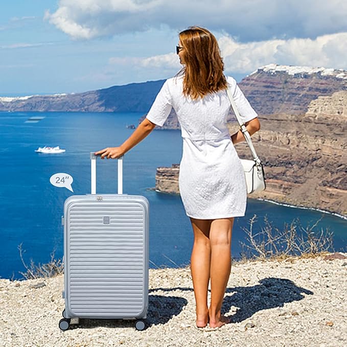 Hard Shell Suitcases 28 Inch Large Checked Luggage with Spinner Wheels Cup Holder, Expandable Check in Luggage Lightweight Top Opening Luggage Big Rolling Suitcase with Lock, Silver