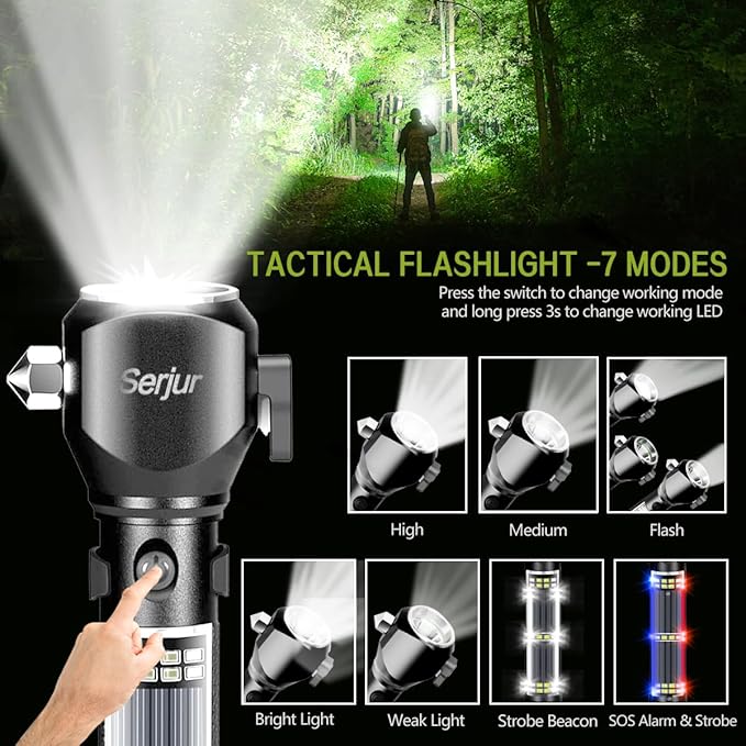 Rechargeable Solar Powered Flashlight,Multi Function LED Tactical Flashlight with Glass Breaker,Seatbelt Cutter,Alarm and Phone Charger,Powerful Handheld Flashlights for Emergencies Camping
