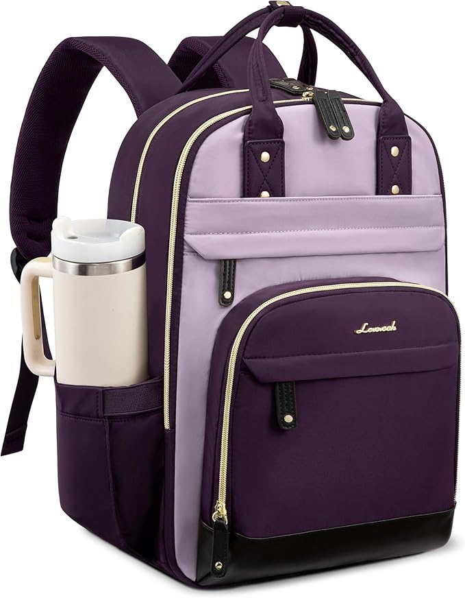 LOVEVOOK Laptop Backpack Women with Giant Tumbler Holder,17.3 inch Work Travel Backpack Computer Laptop Bag,Cute College Nurse Teacher Backpack Purse,Gift for Women & Men,Dark purple-Purple-Rust red