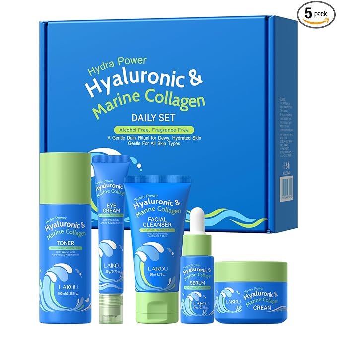 LAIKOU Hydra Power Skin Care Set - Hyaluronic & Marine Collagen Skin Care - Skin Care Kit with Facial Cleanser, Serum, Toner, Cream, Eye Cream - Non-Greasy, Fragrance Free - Beauty Gift