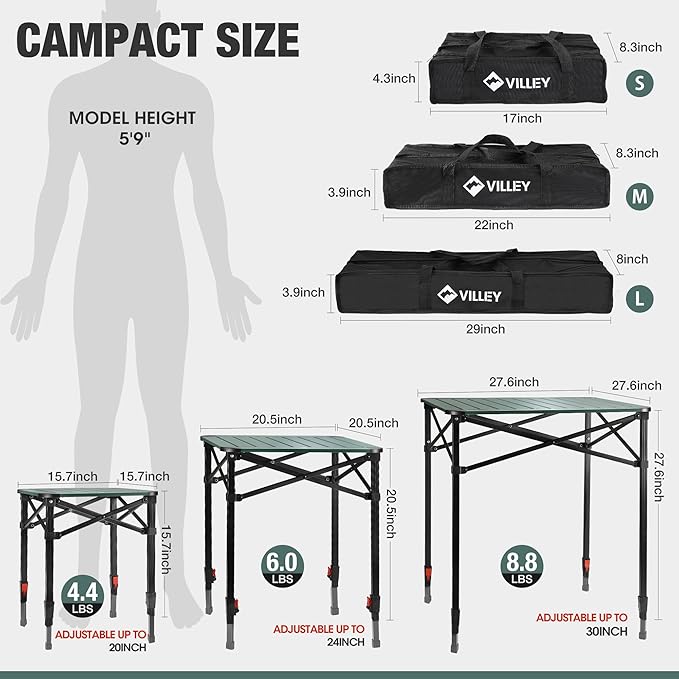 VILLEY Folding Camping Square Table with Carry Bag, Lightweight Aluminum Adjustable Square Table for Outdoor, Camping, Picnic, Backyards, BBQ, Medium