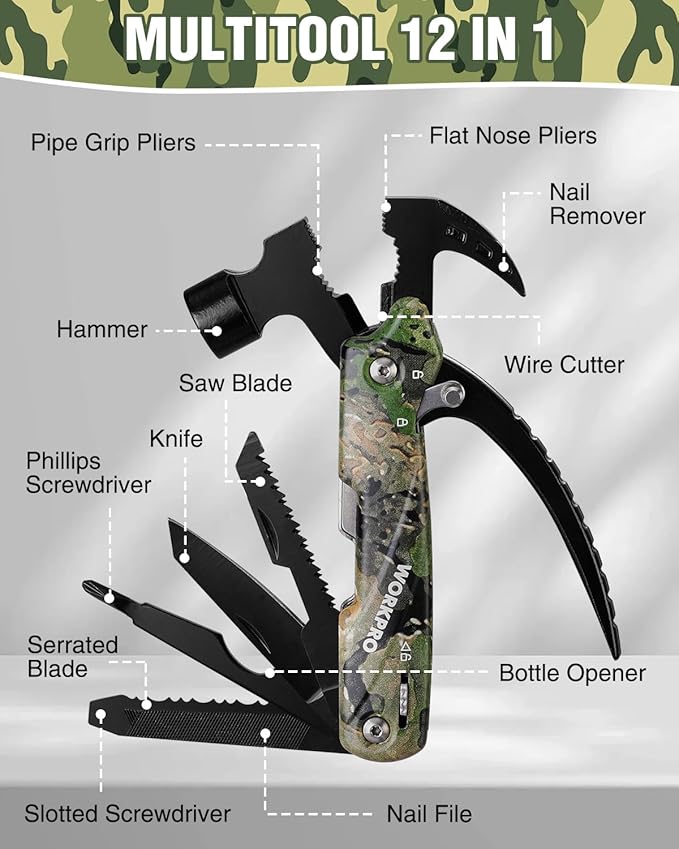 WORKPRO Multitool-12 in 1 Camping Tools with Mini Hammer-EDC Gear Multi Tools Hammer with Safety Lock and Pouch-Mini Multitools Gifts for Men and Women-Camouflage