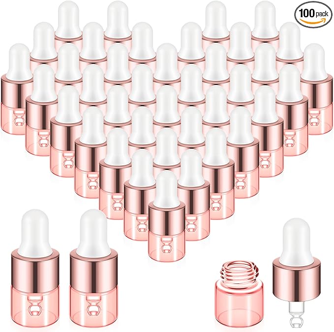 100 Pcs Mini Glass Oil Dropper Bottle Bulk, Clear Essential Small Empty Bottles Sample Containers Perfume Liquid Vials with Cap for Traveling (1 ml,Pink Body)