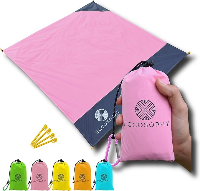 ECCOSOPHY Sand Proof Beach Blanket - 100% Waterproof Picnic Blanket 60x55 - Outdoor Compact Pocket Blanket - Lightweight Ground Cover for Hiking, Camping, Festivals, Sports, Travel- with Bag & Stakes
