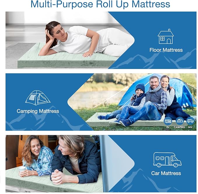 KingChii CertiPUR-US Memory Foam Camping Mattress, Portable Roll Up Travel Car Camping Mattress Sleeping Pad & Floor Mattress, Cot Mattress Guest Bed for Sleepover with Waterproof Cover & Travel Bag