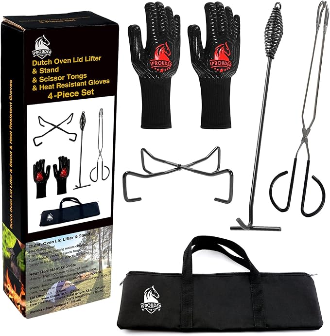 5-in-1 Dutch Oven Camping Accessories Kit - Campfire Cooking Equipment with Heat-Resistant Gloves, 16" Scissors Tongs, Lid Lifter, Lid Stand & Trivet | BBQ Tools, Outdoor Camping Cookware