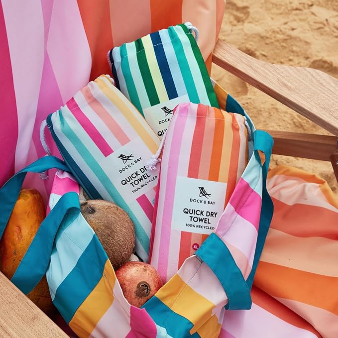 Dock & Bay Beach Towel - Quick Dry, Sand Free - Compact, Lightweight - 100% Recycled - Includes Bag - Rainbow Shores - Set of 6 - Extra Large (200x90cm, 78x35)