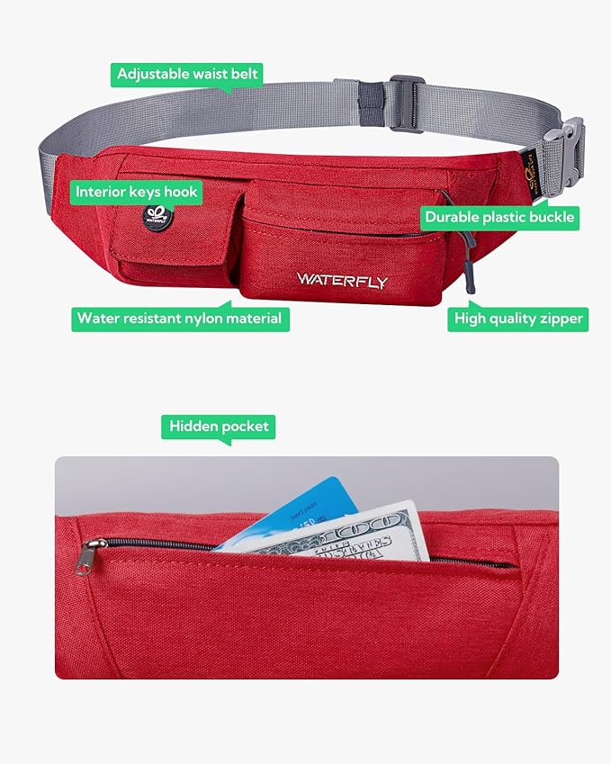 WATERFLY Fanny Pack for Women Men Water Resistant Small Waist Pouch Slim Belt Bag with 4 Pockets Lightweight Crossbody Chest Bag Fit All Phones, 11.02 x 2.1 x 4.3 inch,11.02 x 2.1 x 4.3 inch