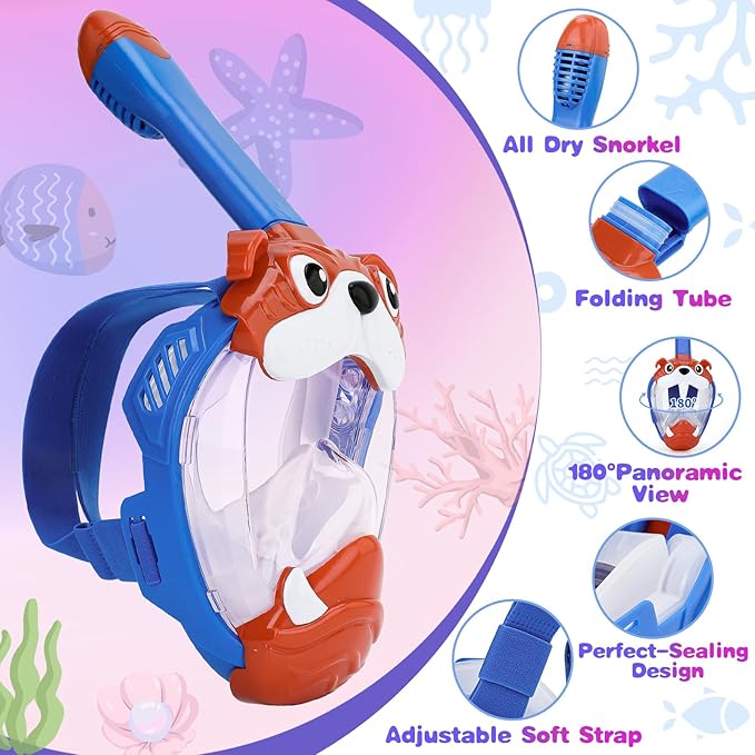 Full Face Snorkel Mask for Kids 4-16, 180 Degree Panoramic View Snorkeling Set Anti-Fog Anti-Leak, Foldable Dry Top Snorkeling Gear for Kids