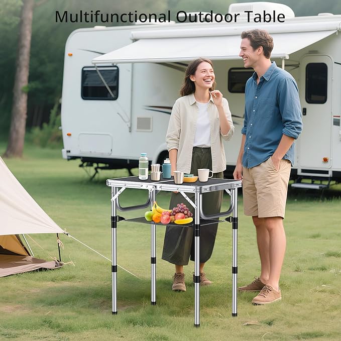 Folding Camping Table, Aluminum 24" x 16" Adjustable Height Small Folding Table with Carrying Handle, Lightweight, Portable Camping Table Waterproof for Outdoor Indoor Picnic Beach BBQ (Black)