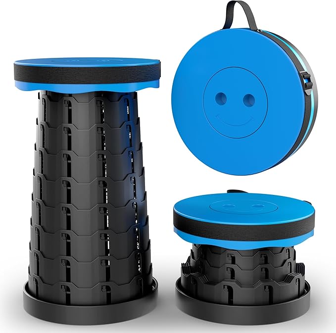 NEW IMPROVED PLASTIC MATERIAL QUALITY BLUE Collapsible Stool - Durable, Foldable, Adjustable Collapsible Seat for Outdoors, Camping, Home - Strong, Safe, Compact Portable - Versatile Telescopic Stool