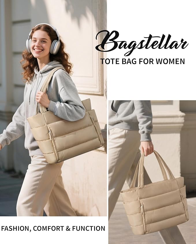 Puffer Tote Bag for Women, Lightweight Puffy Work Handbag Teacher Nurse Quilted Shoulder Bag for School Travel Gym