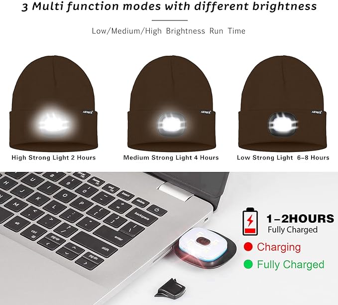 ATNKE LED Lighted Beanie Hat,USB Rechargeable 4 LED Running Headlamp Bright Cap with The Light Gifts for Men and Women