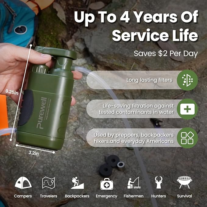 Purewell Water Purifier Pump with Replaceable Carbon 0.01 Micron Water Filter, 4 Filter Stages, Portable Outdoor Emergency and Survival Gear - Camping, Hiking, Backpacking