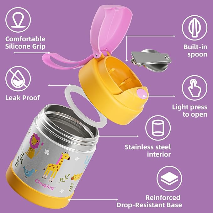 15 oz Soup Thermo for Hot Food Kids Insulated Food Jar with Spoon,Lunch Thermo Container, Width Mouth Vacuum Stainless Steel Food Thermo for School Travel, Leakproof, Easy to Open(Yellow)